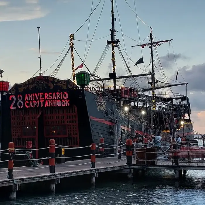 Captain Hook Cancun pirate ship, showing the ship at the dock with 