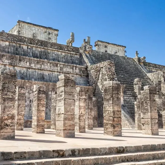 Pueblo de los Guerreros at Chichen Itza, reflecting the strength and legacy of ancient Mayan warriors.
