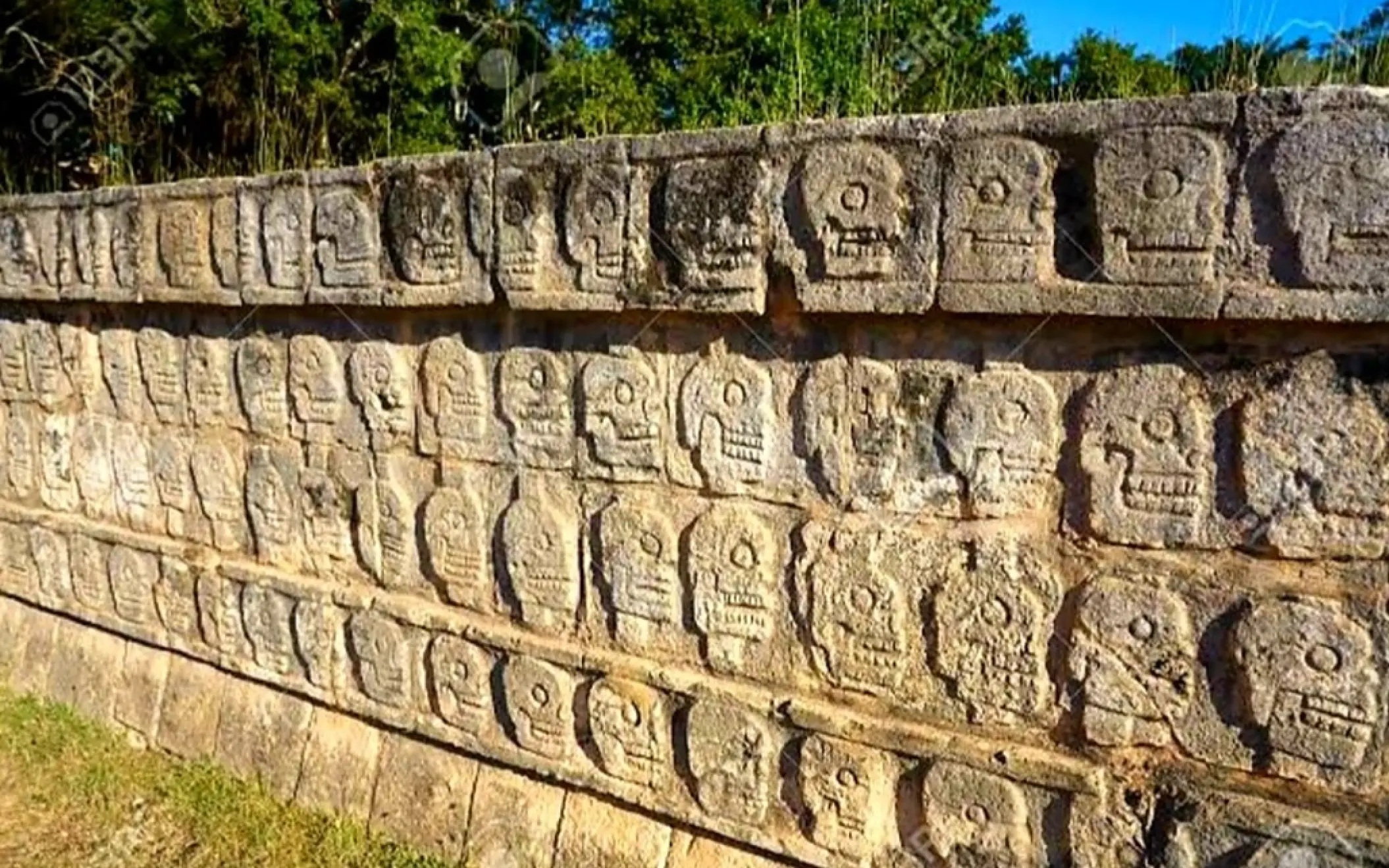 Tzomplantli at Chichen Itza, an ancient ceremonial platform rich with symbolic carvings