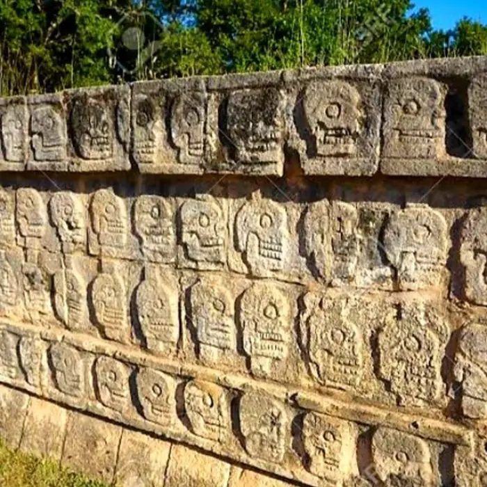 Tzomplantli at Chichen Itza, an ancient ceremonial platform rich with symbolic carvings