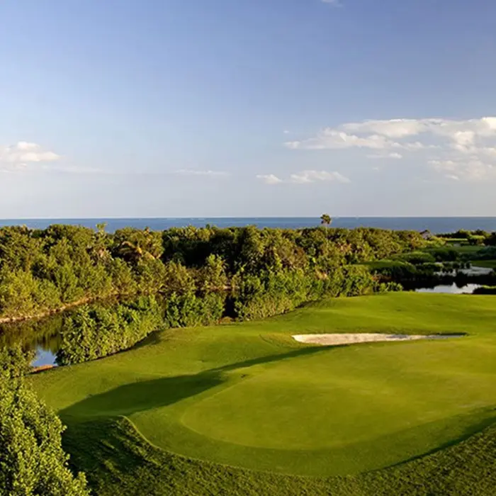An elevated view of the beautiful championship golf course surrounded by lush green mangroves and tranquil lakes.