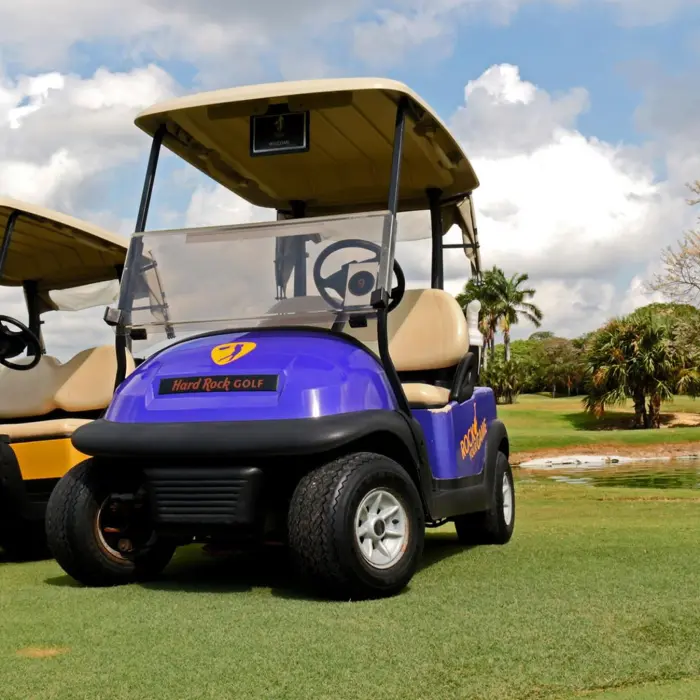 Purple and yellow GPS-equipped golf carts parked on the fairway at Hard Rock Golf Club Riviera Maya.