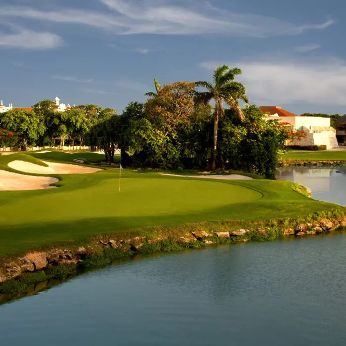 A beautiful green surrounded by water hazards and tropical scenery at the Hard Rock resort-style golf course.