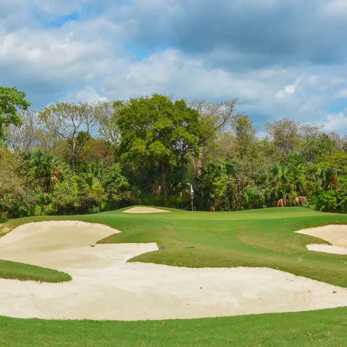 A pristine putting green surrounded by deep sand traps and lush tropical jungle at Hard Rock Riviera Maya.