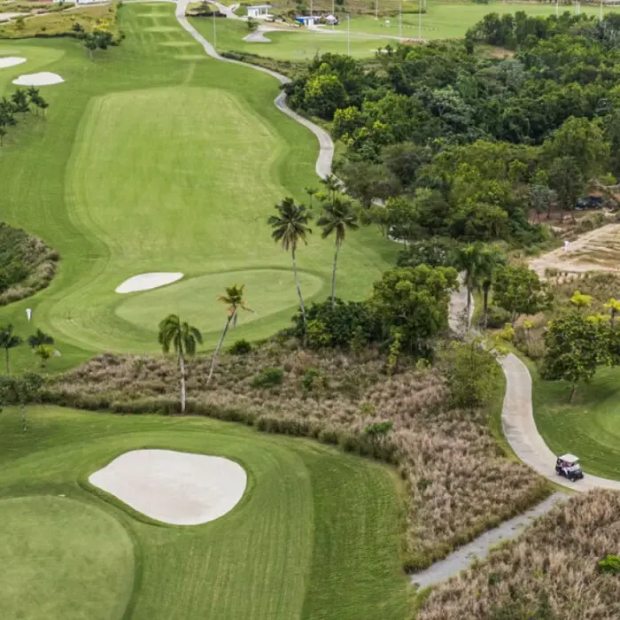 An aerial view showing golf carts driving along a winding path through the jungle-lined fairways of Iberostar Golf Club