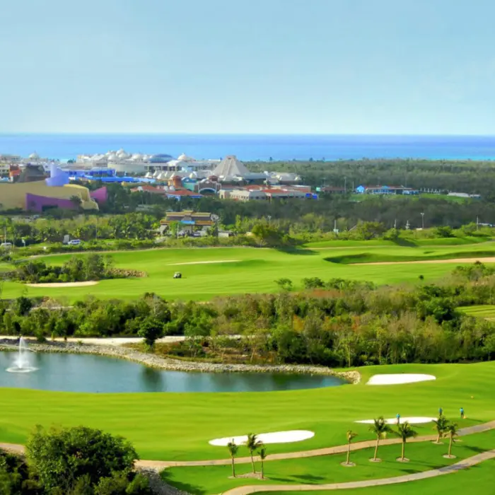 A sweeping view of the Iberostar Golf Club fairways with the all-inclusive resort complex and Caribbean Sea in the background.