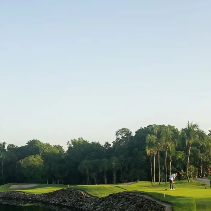 A golfer putts on a smooth green bordered by a rocky lake edge and tropical palm trees at the Iberostar championship course