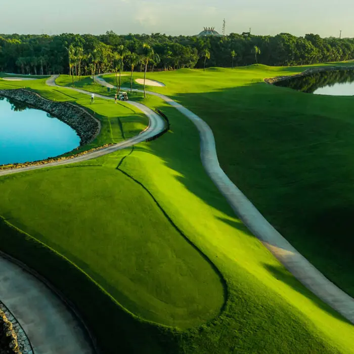 A winding golf cart path curves alongside a beautiful lake and smooth green fairways at the Iberostar championship course.