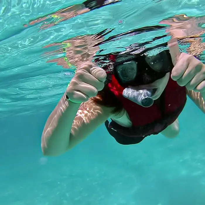 Snorkeler exploring vibrant coral reefs between Isla Contoy and Isla Mujeres on the Paradise Islands tour