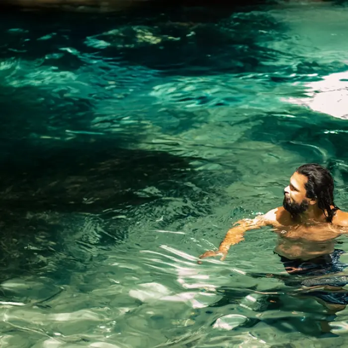 Person standing in the clear water of a cenote, surrounded by natural beauty in the Riviera Maya