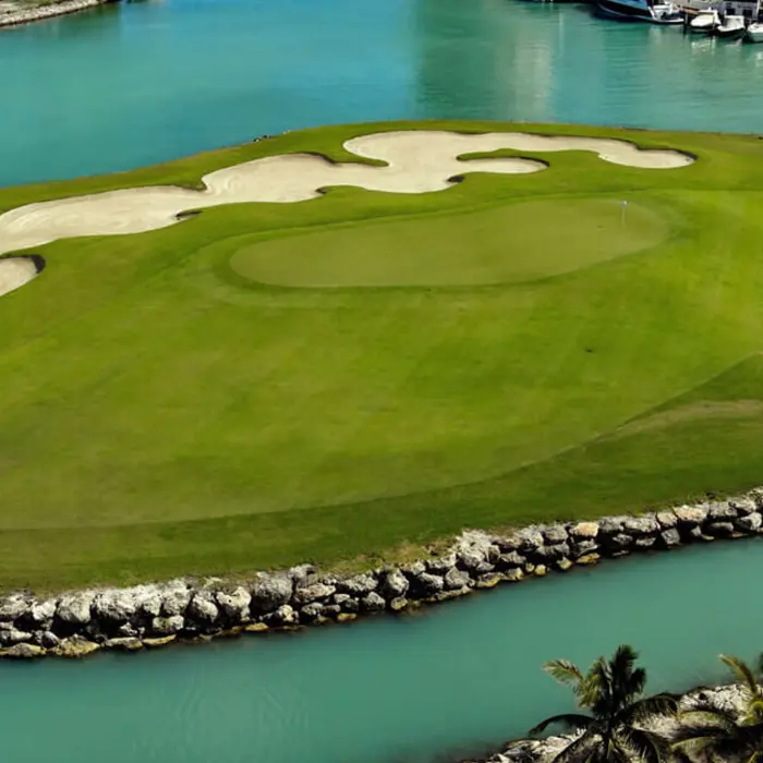 Aerial view of a stunning golf green accessed by a wooden bridge over the bright blue marina waters