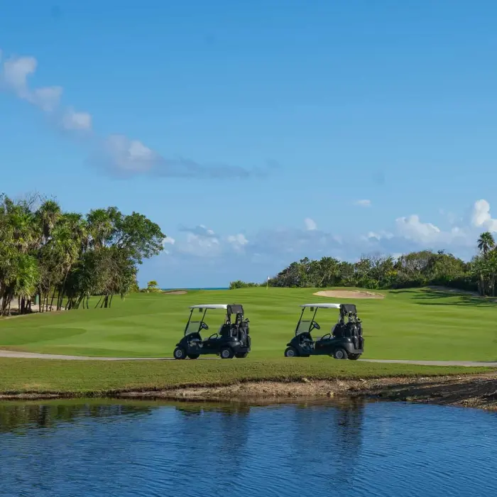 A pristine golf green positioned right along the serene coastline, with gentle waves and the Caribbean Sea visible in the background at Riviera Cancún Golf Club