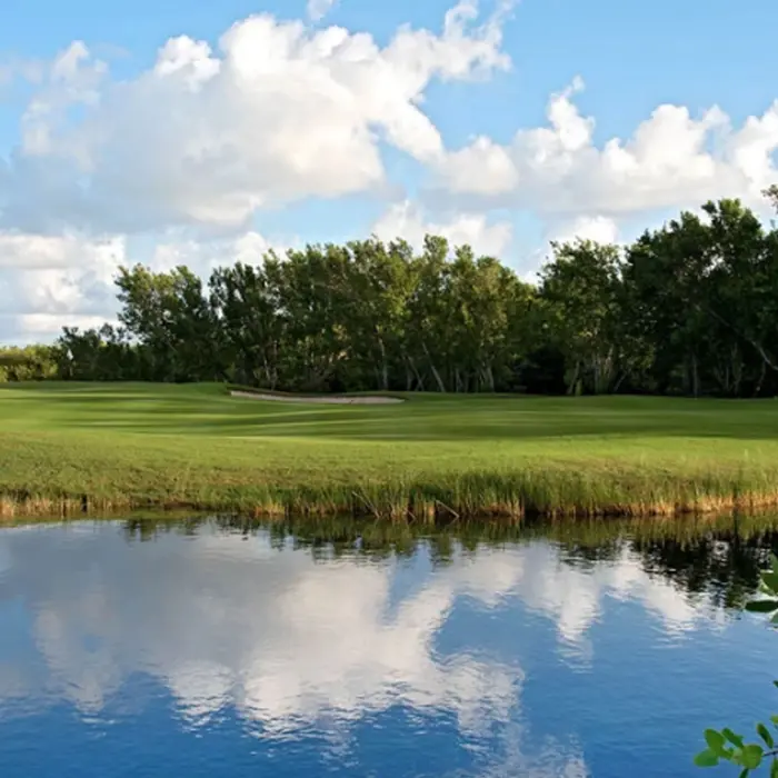 A stunning championship golf green and natural sand bunkers perfectly reflected in the calm waters of a tropical lake
