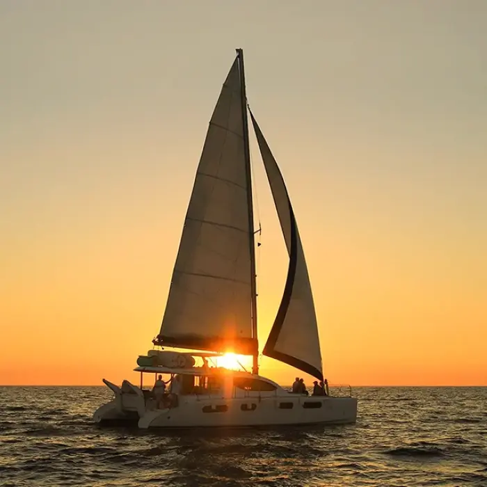 Sailboat sailing on the ocean during a golden sunset in Playa del Carmen