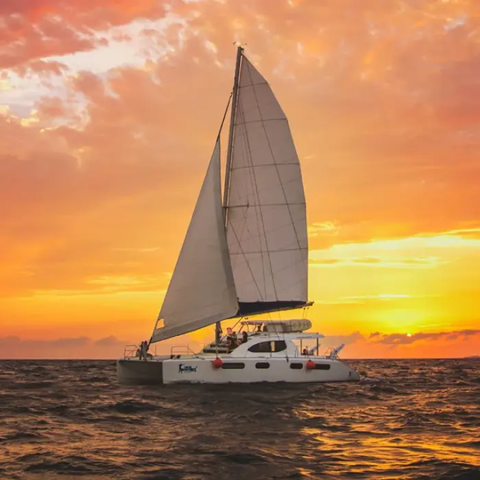 Sailboat sailing on the ocean during a beautiful sunset in Playa del Carmen
