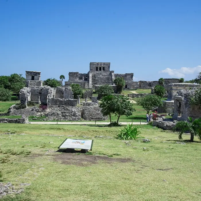 Ancient Mayan ruins of Tulum with green grass and blue sky