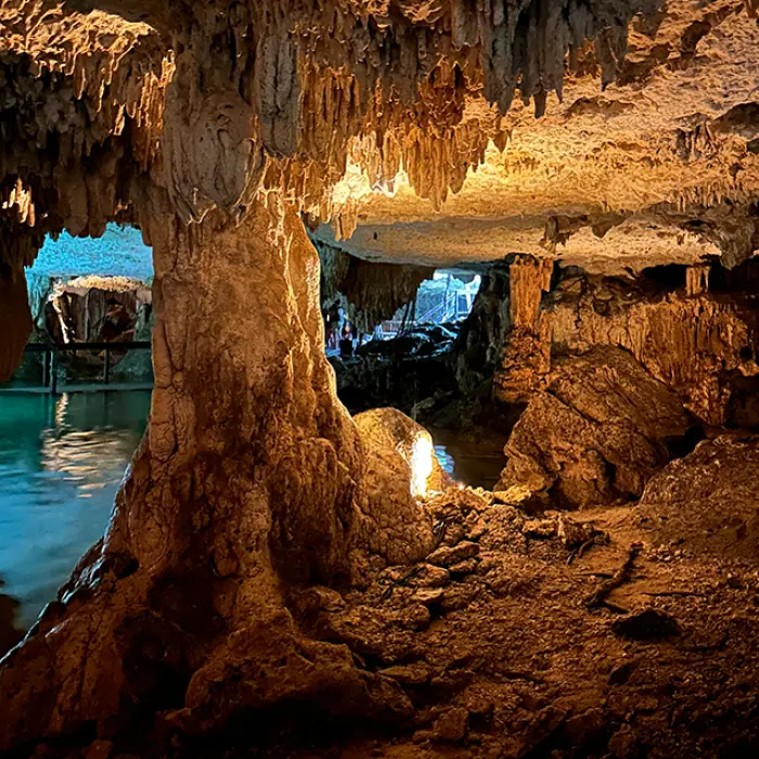Stunning view of natural limestone formations inside a sacred Tulum cenote