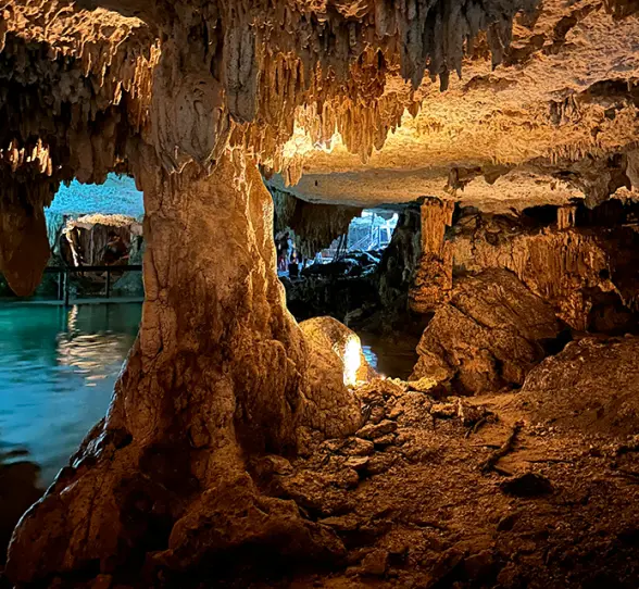 Stunning view of natural limestone formations inside a sacred Tulum cenote