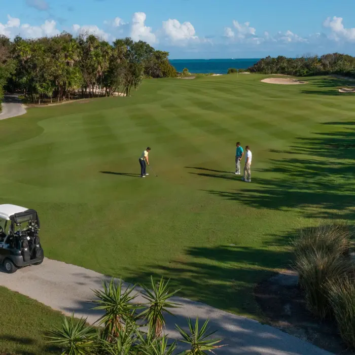 An elevated view of golfers playing on a lush fairway lined with tropical jungle, with modern golf carts parked on the adjacent path