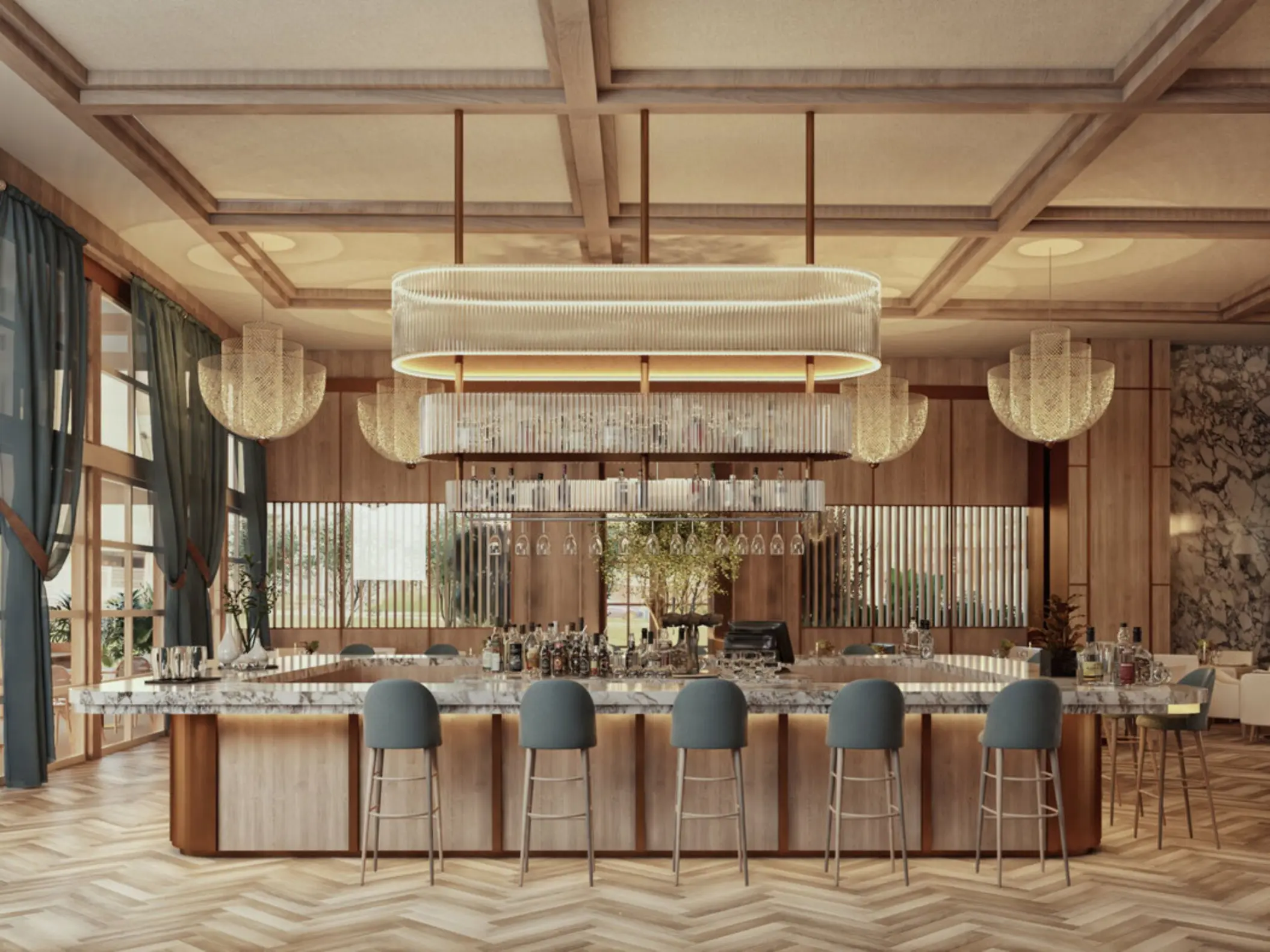 A beautifully designed bar area at AVA Cancun with elegant lighting and a light wood finish.