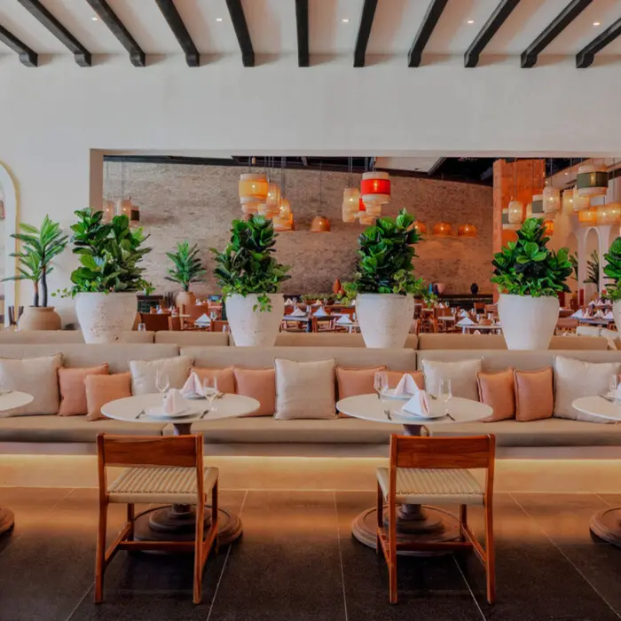 The interior of a contemporary restaurant with long banquettes, round tables, and potted plants.