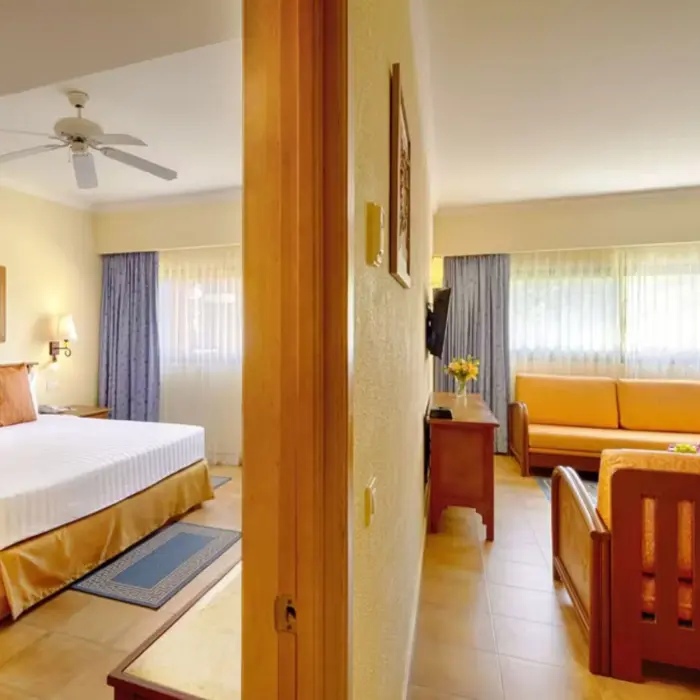 A spacious suite with a king-sized bed and a separate living room area with a sofa and television.