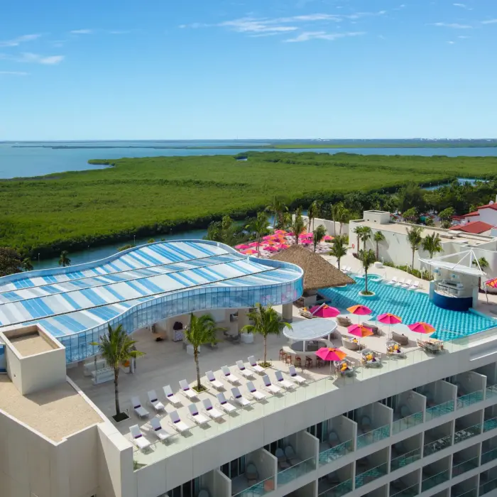 Aerial panoramic view of Xcelerate rooftop pool with lounge chairs, palm trees, and pink umbrellas by the mangroves.