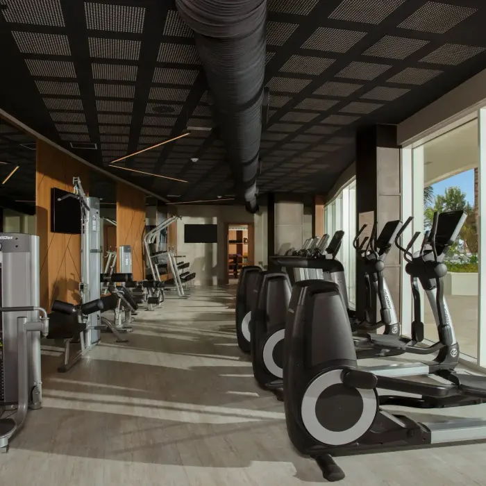 Spacious fitness center with modern cardio and strength machines, large windows, and natural light.