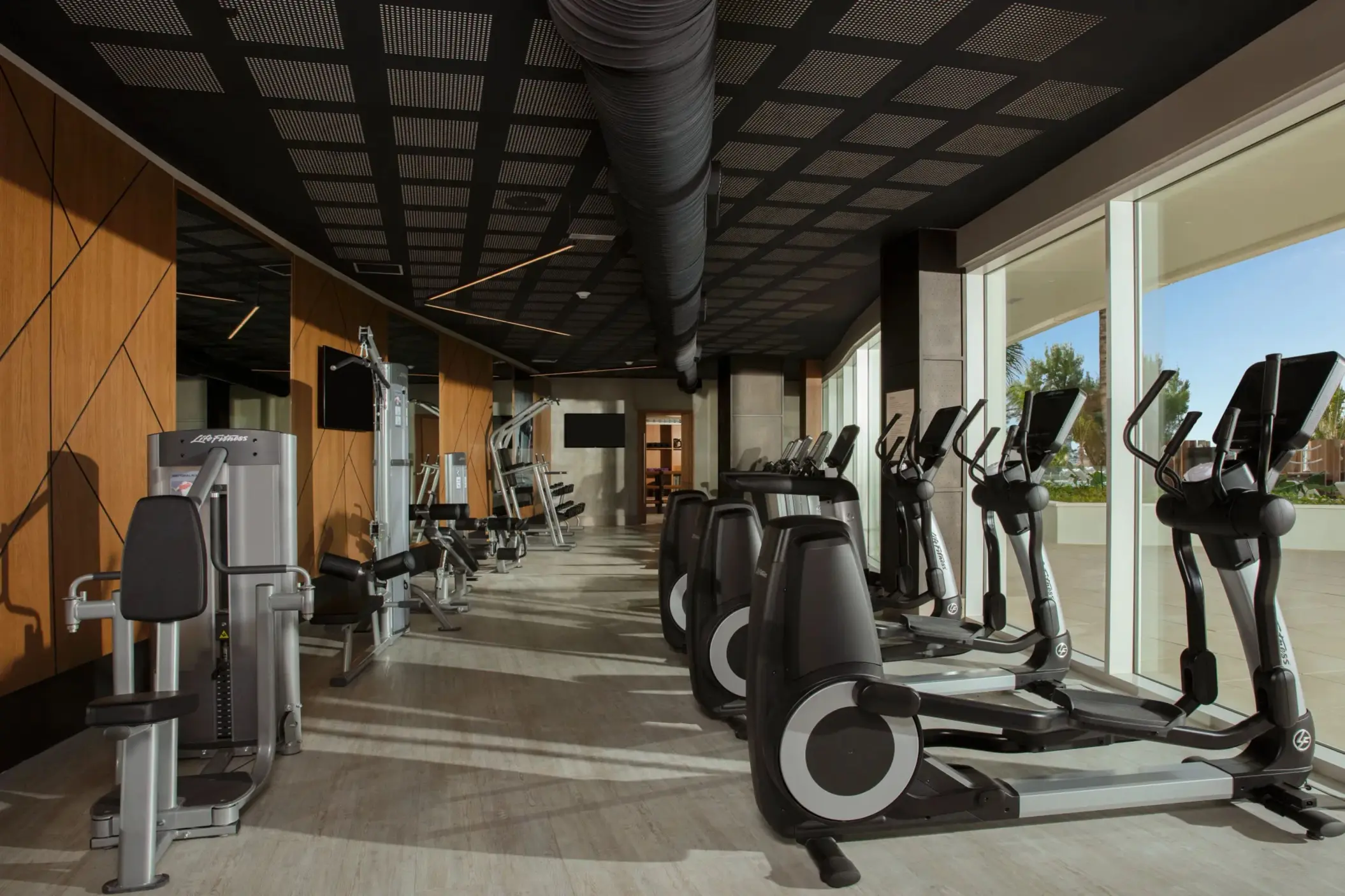 Spacious fitness center with modern cardio and strength machines, large windows, and natural light.