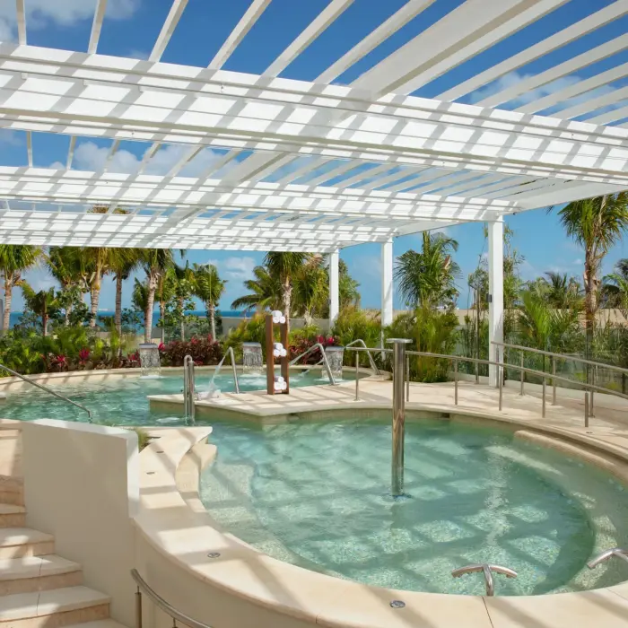 Outdoor hydrotherapy pool surrounded by palm trees and white pergola with ocean in the background.