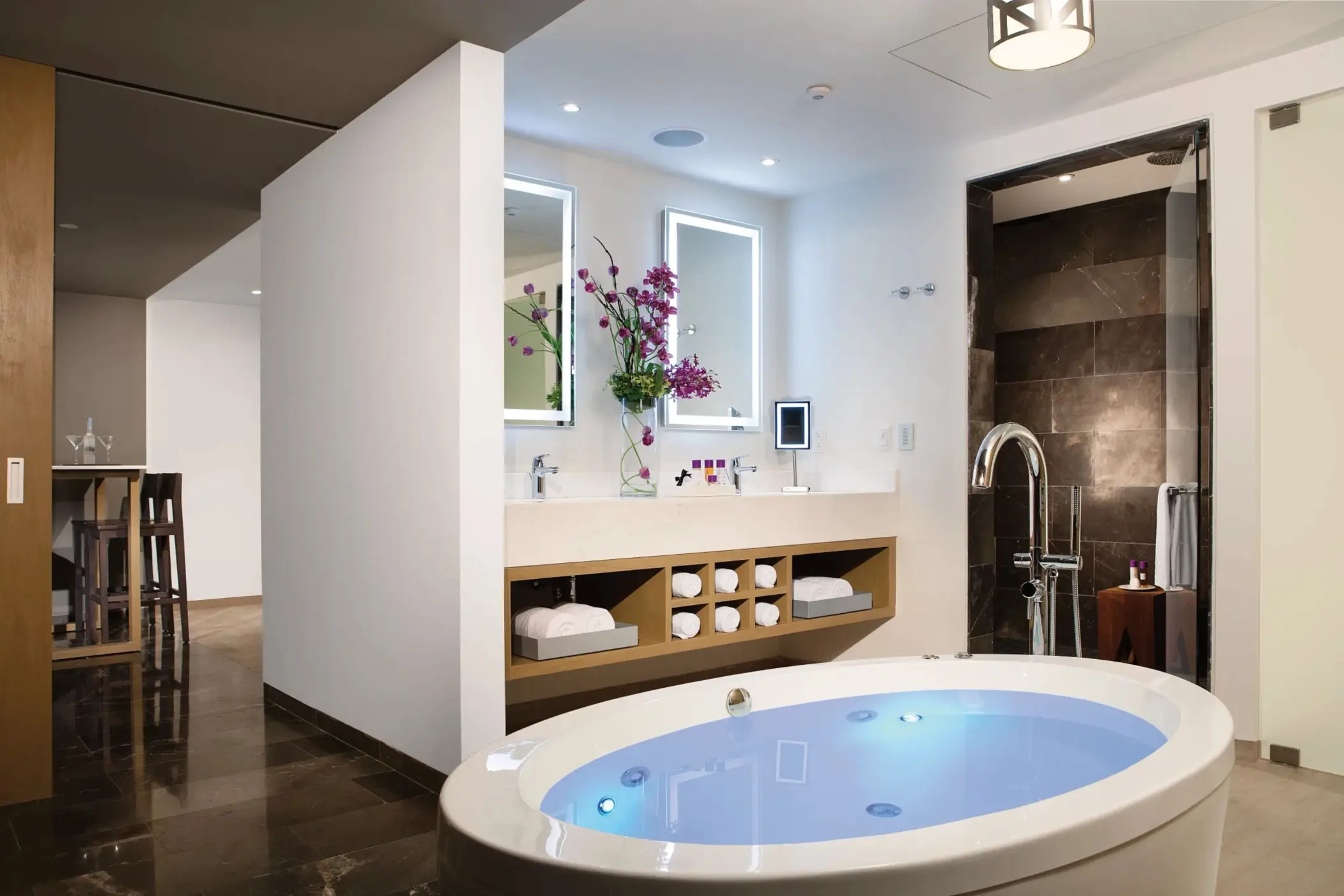 Master bathroom with deep soaking tub, dual vanities, and luxury finishes.
