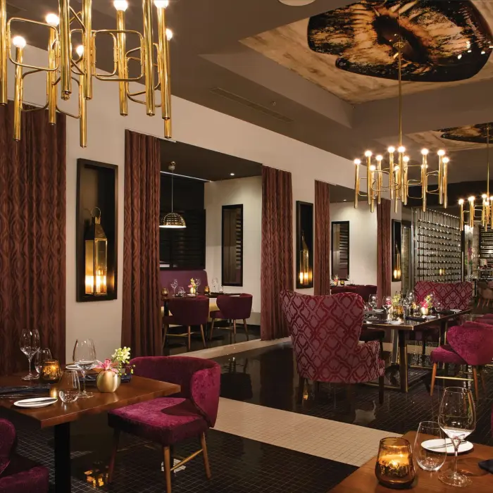 Elegant interior of Coquette restaurant featuring gold chandeliers and plush velvet seating.