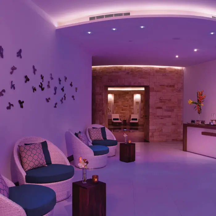 Lush Spa Bar lounge with curved lighting, refreshment station, and modern relaxation seating.