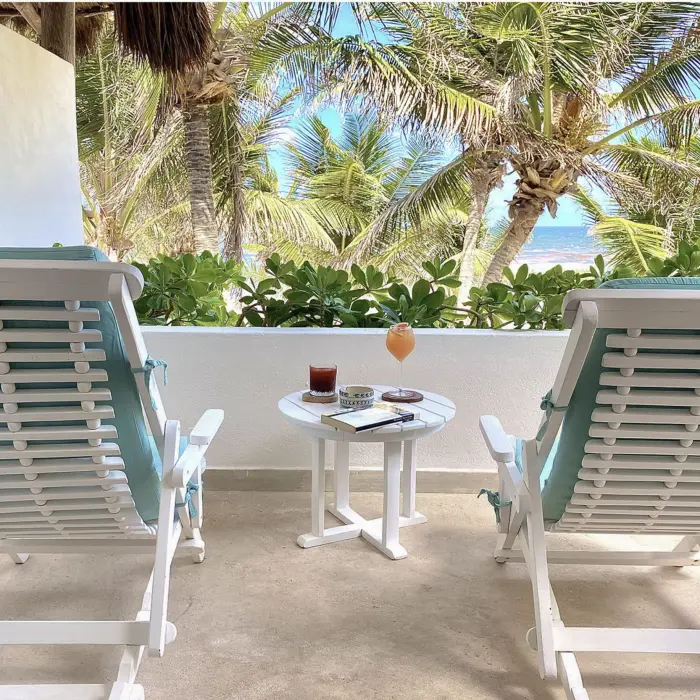 balcony of beachfront rooftop room at Cabanas Tulum Hotel