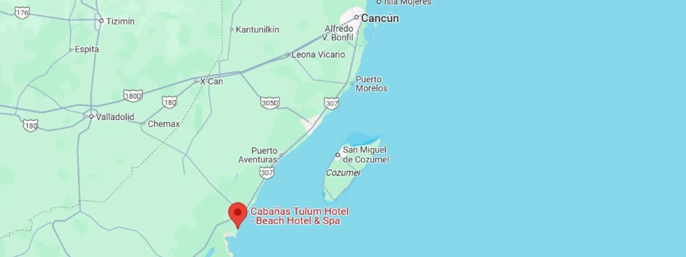 map showing location of Cabanas Tulum Hotel in Mexico