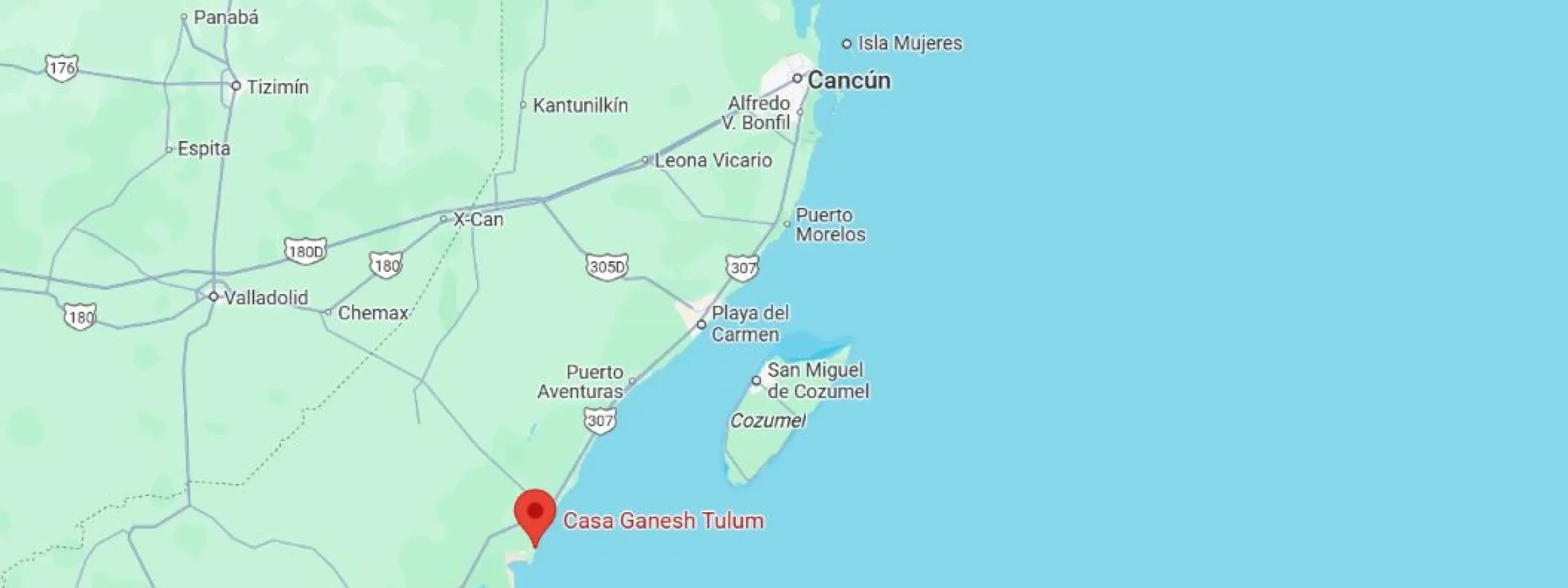 map showing location of Casa Ganesh tulum in Mexico