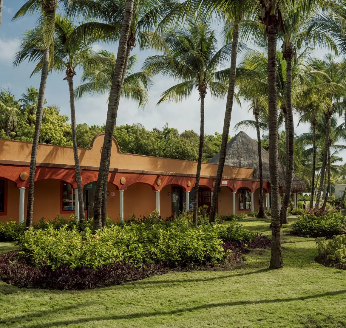 Lush green lawns and vibrant tropical plants surround a terracotta-colored resort building at Catalonia Playa Maroma, with tall palm trees.
