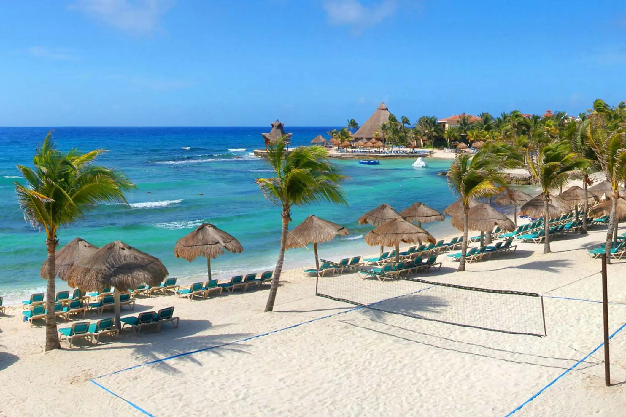 A sandy beach with lounge chairs under umbrellas, a volleyball net, palm trees, and the clear blue ocean.