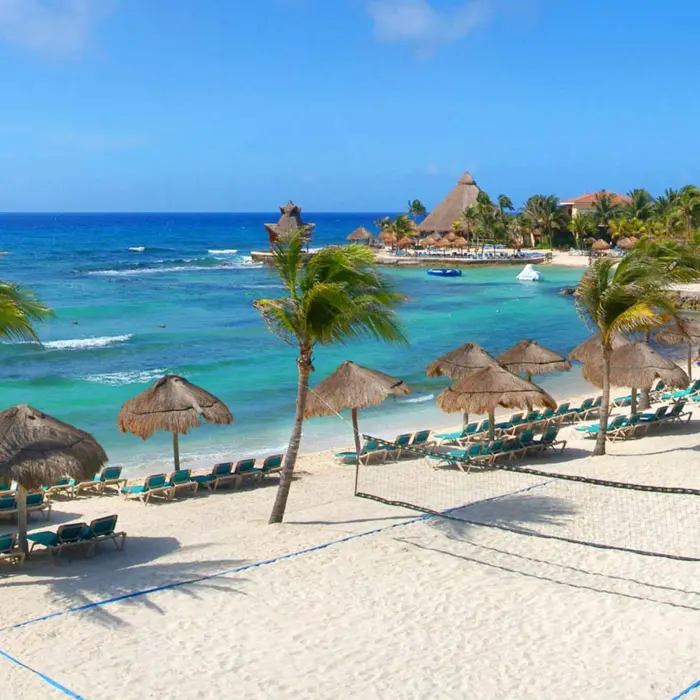 A sandy beach with lounge chairs under umbrellas, a volleyball net, palm trees, and the clear blue ocean.