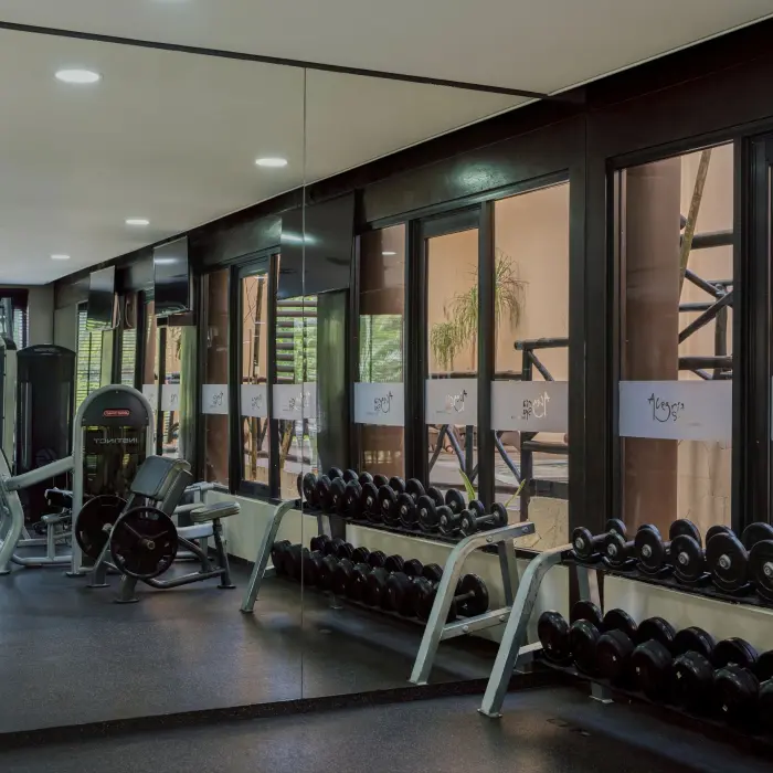 A modern gym with various exercise machines, free weights, and large windows looking out to a garden.