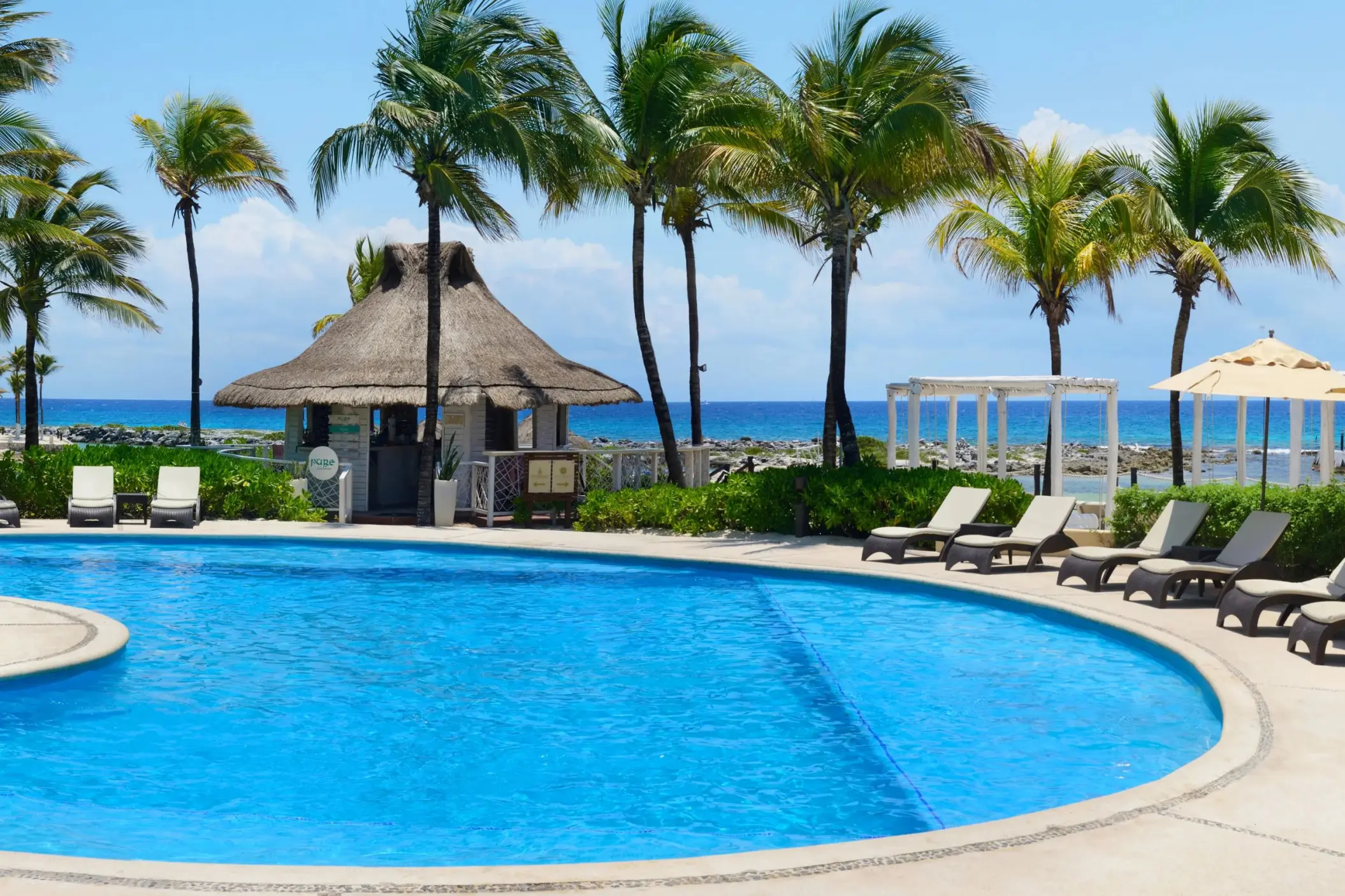 A bright blue swimming pool surrounded by palm trees, lounge chairs, and a small hut, with the ocean in the background.