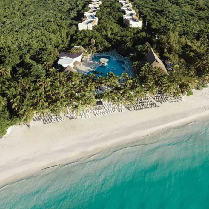 aerial view of the resort and beach and sea at Catalonia Royal Tulum