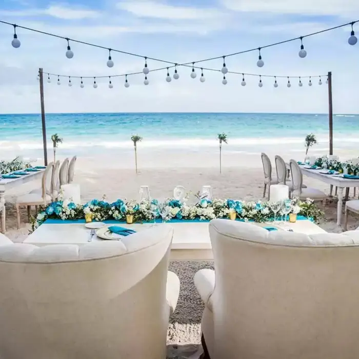 beach reception setup at Catalonia Royal Tulum