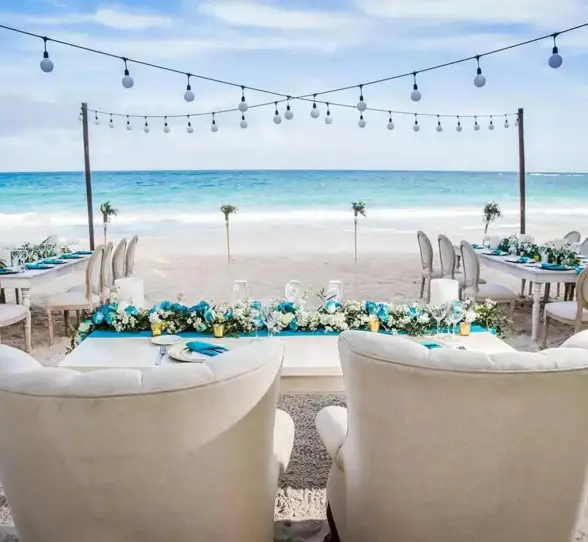 beach reception setup at Catalonia Royal Tulum