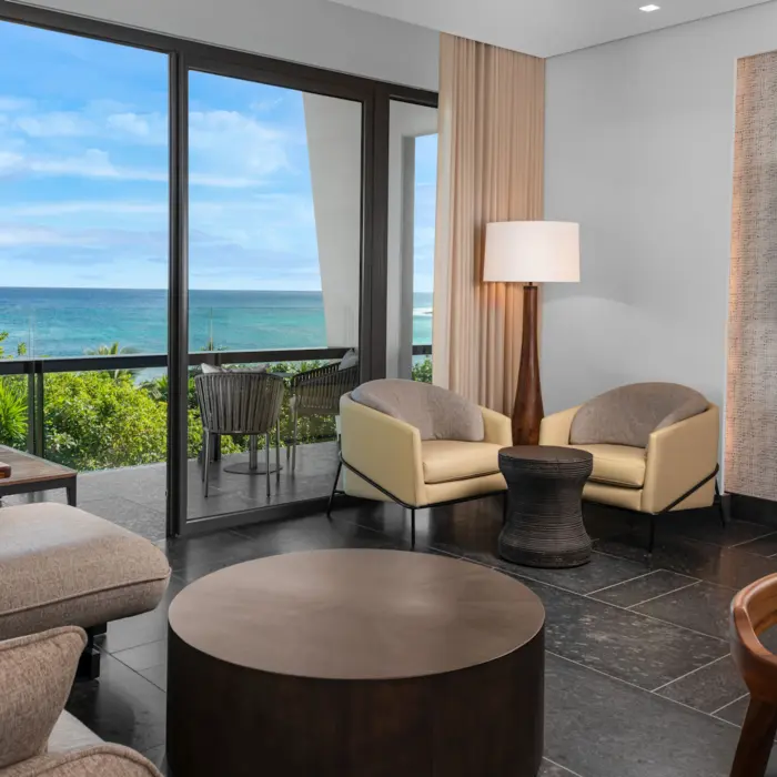 living area of a suite at Conrad Tulum