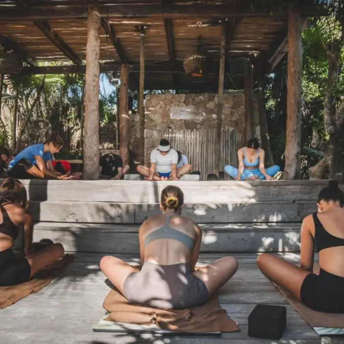 A group of people practicing yoga outdoors under a rustic, open-air pavilion surrounded by trees.