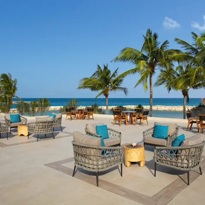 Open-air rooftop lounge with ocean views, stylish wicker seating, palm trees, and tables perfect for cocktails by the sea.