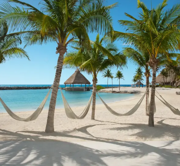Tropical beach with hammocks strung between palm trees, thatched pier over turquoise water, white sand resort.