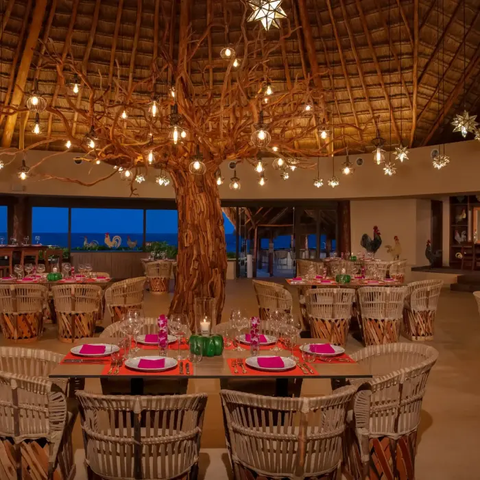 Rustic-style restaurant with a large tree centerpiece, woven chairs, and ambient lighting under a palapa roof.