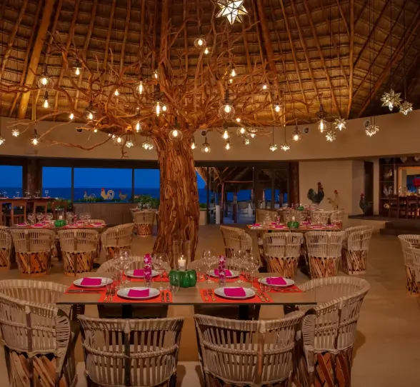 Rustic-style restaurant with a large tree centerpiece, woven chairs, and ambient lighting under a palapa roof.